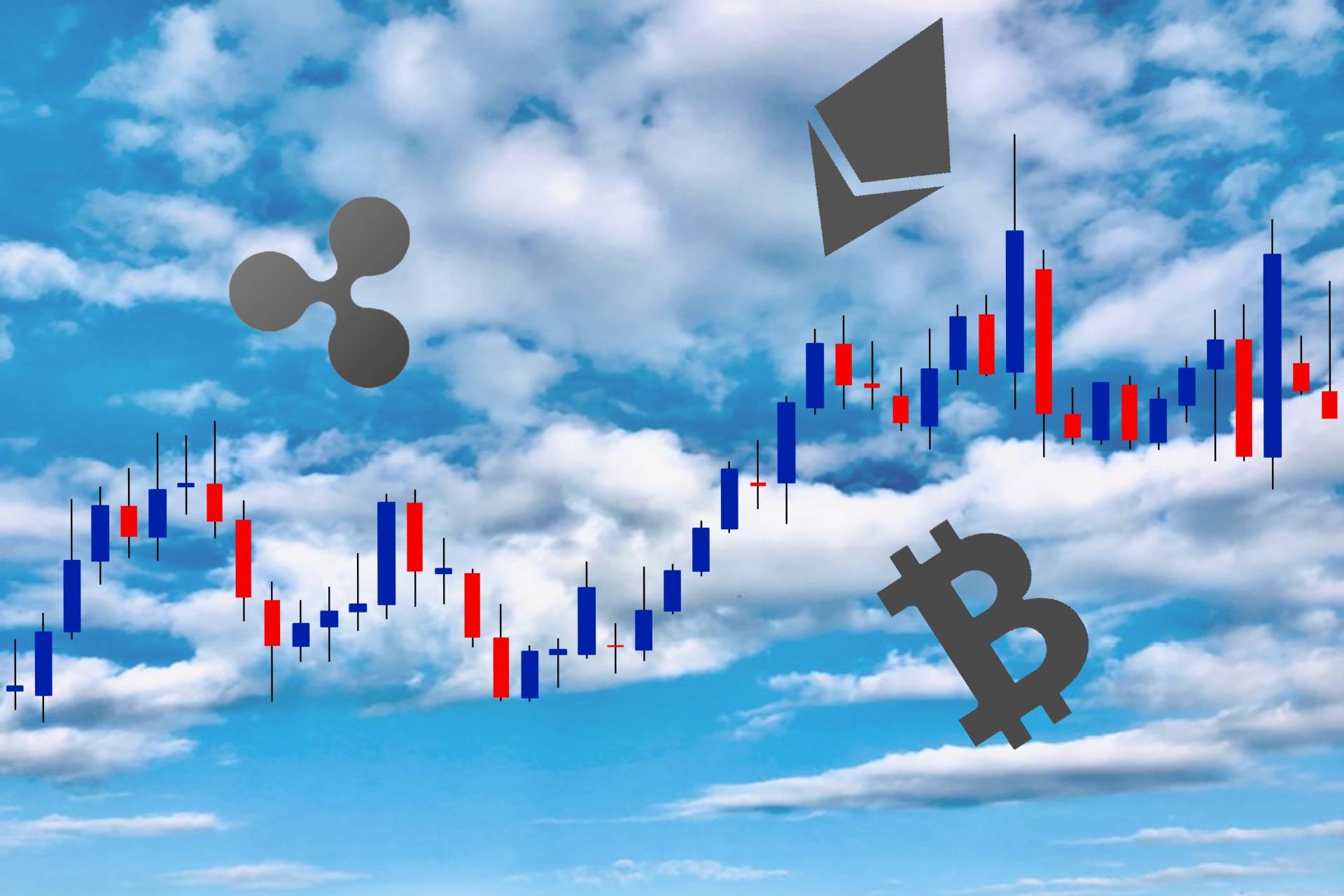 空の上に描かれたグラフと仮想通貨のロゴ